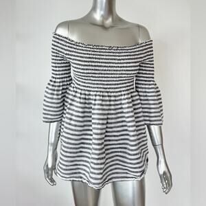 C&C California Smocked Bell Sleeve Striped 100% Linen Top Medium